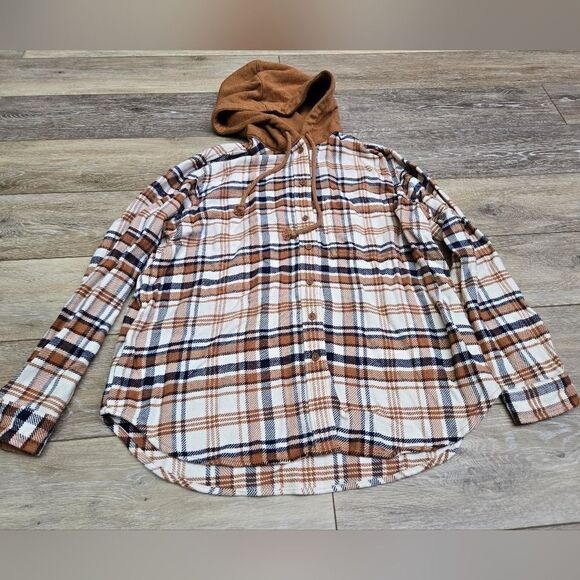 American Eagle fall plaid button up hoodie shirt size xs - Picture 1 of 7